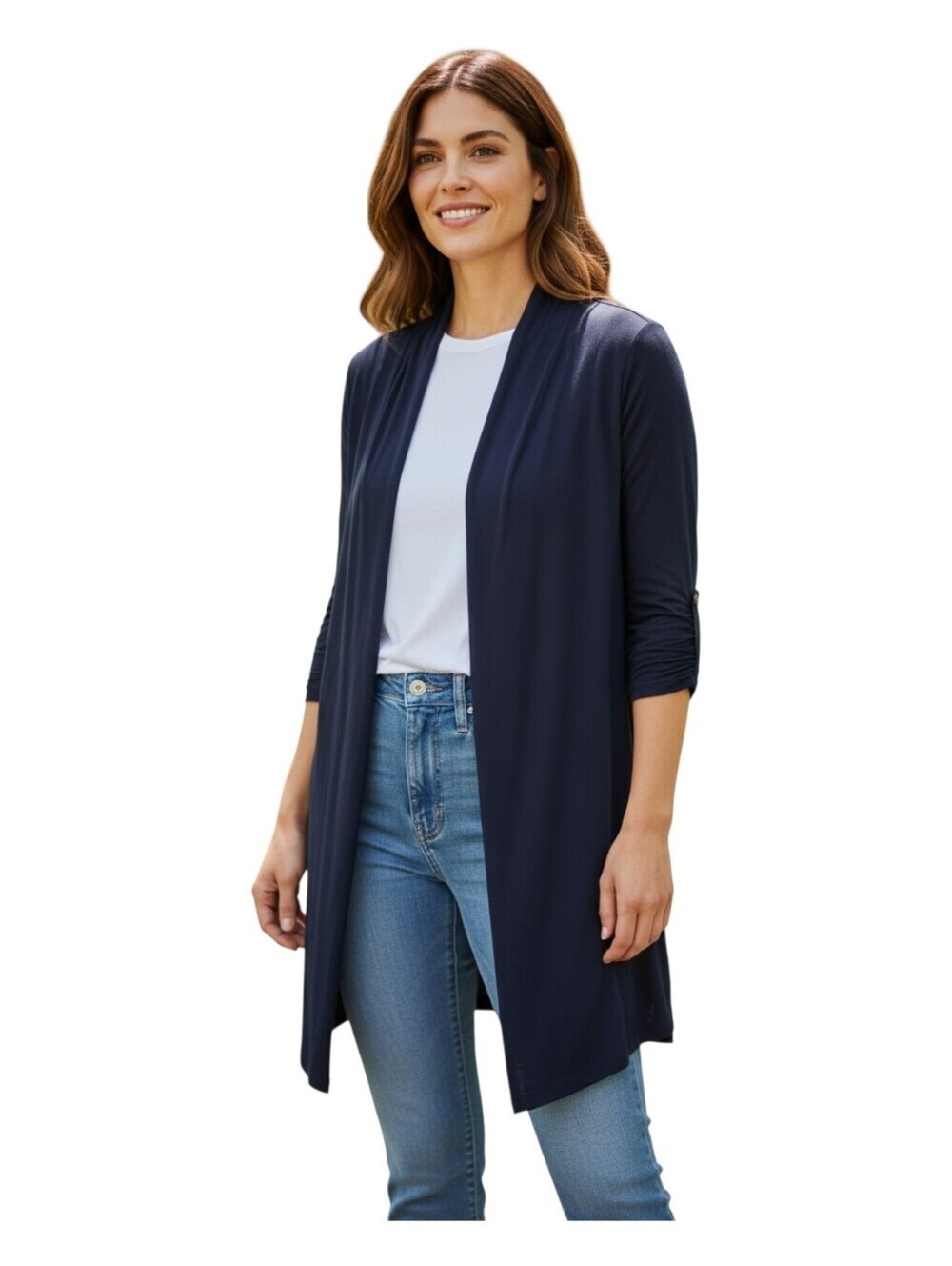 MM Lafleur Womens Navy Blue Open Front Work Office Travel Long Cardigan Large